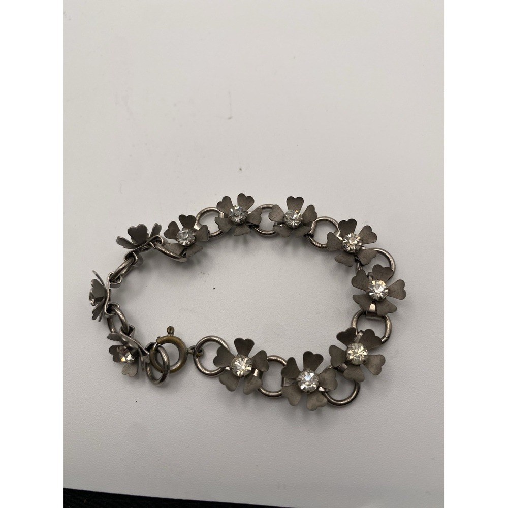 VTG Floral Link Bracelet With Rhinestone Centers 7.5 In